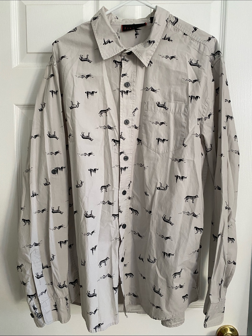 Men's Light Gray Button-Down Shirt with Black Wolf Print
